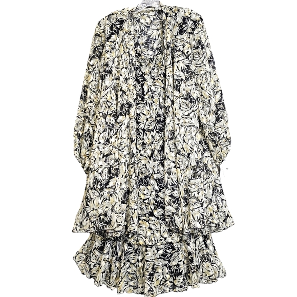 Nwt Saks Fifth Ave. Cattiva   Blk/Tan/Gold Floral Chiffon  Dress/Jacket  2pc Set - Picture 1 of 17